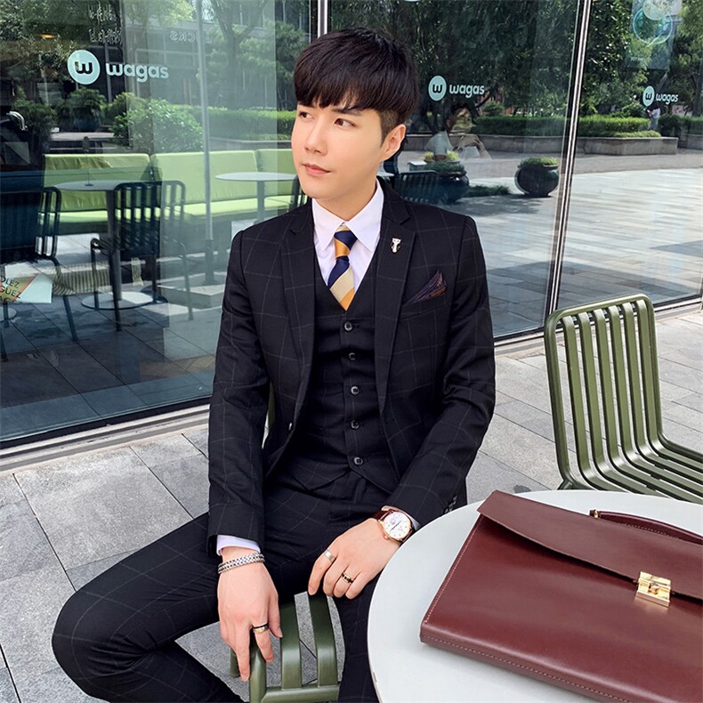 秋冬韩模男英伦西服套装男礼服格子西装三件套 A470-TZ15图片