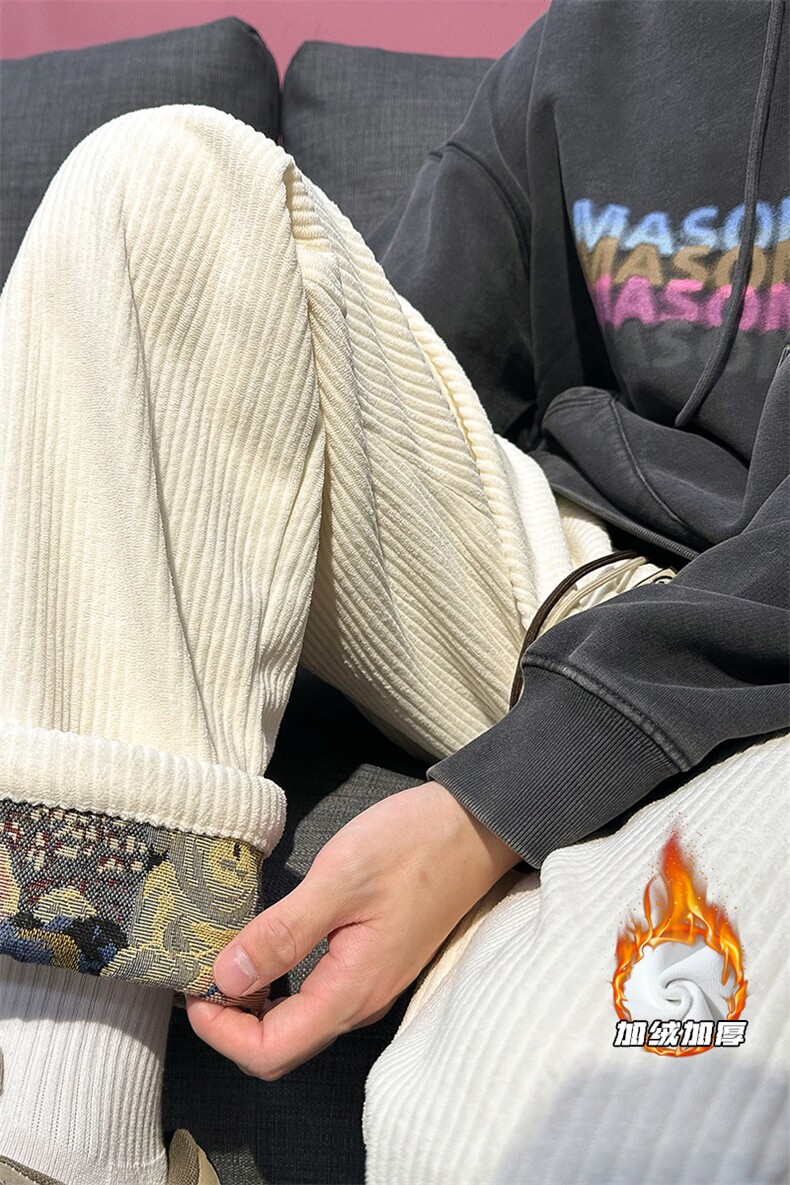 2023冬季新款外景大码加绒灯芯绒小熊长裤,男装休闲裤,电商A022