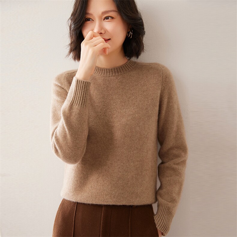 时尚女士七针马鞍肩圆领显瘦百搭黑色毛衣,女装羊绒衫,拓驰羊绒