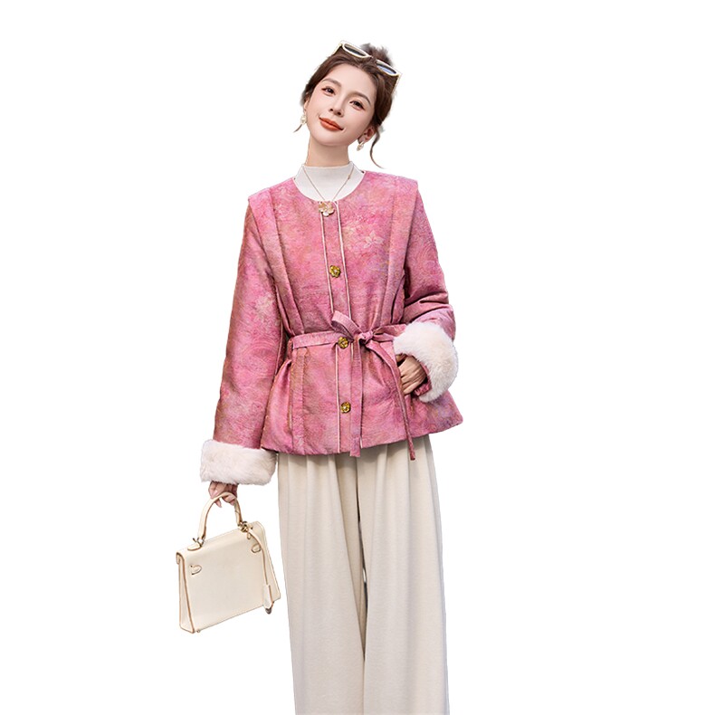2025新款提花收腰腰带显瘦新标90白鸭绒风羽绒服,女装羽绒服,奕可儿