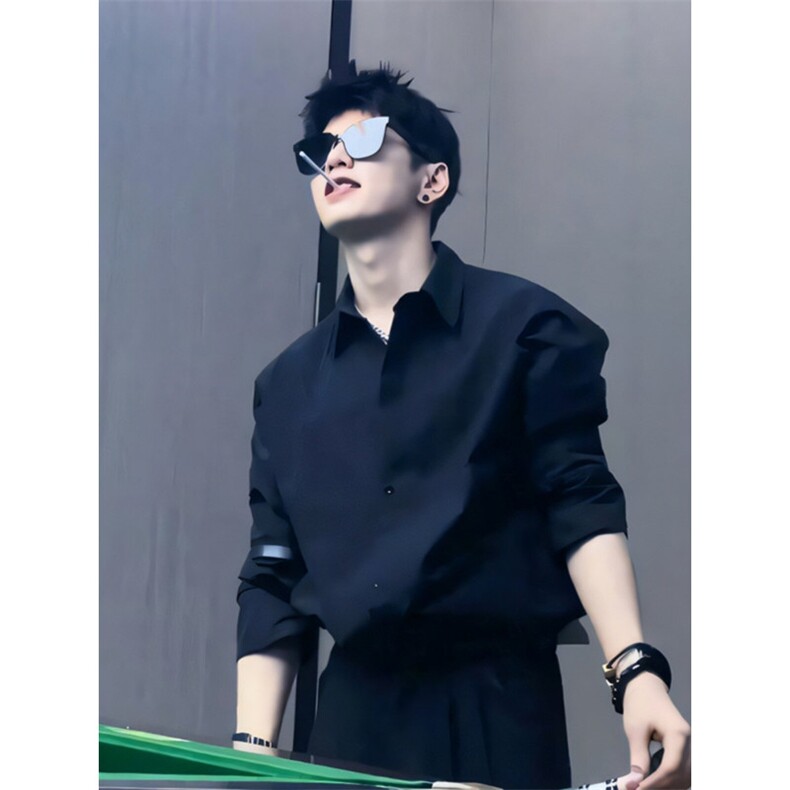 1014-1~CS08~特P35~黑色禁欲系衬衫男款高级感痞帅衬衣,男装衬衫,星座1014-1