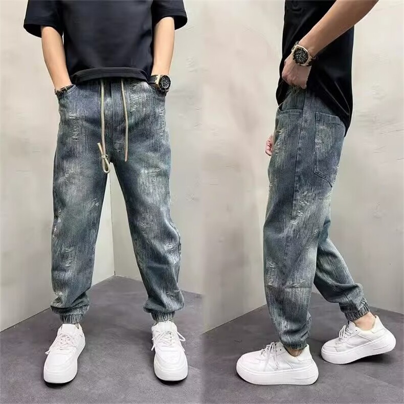 1506-1/KT11411/P52潮流男士新款个性做旧浅蓝色牛仔裤宽松束脚裤,男装牛仔裤,星座1506-1