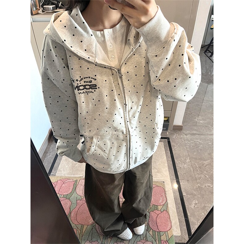 复古波点刺绣连帽卫衣百搭情侣外套610A-1-LY331P46加绒P50,女装短外套,星座610A-1