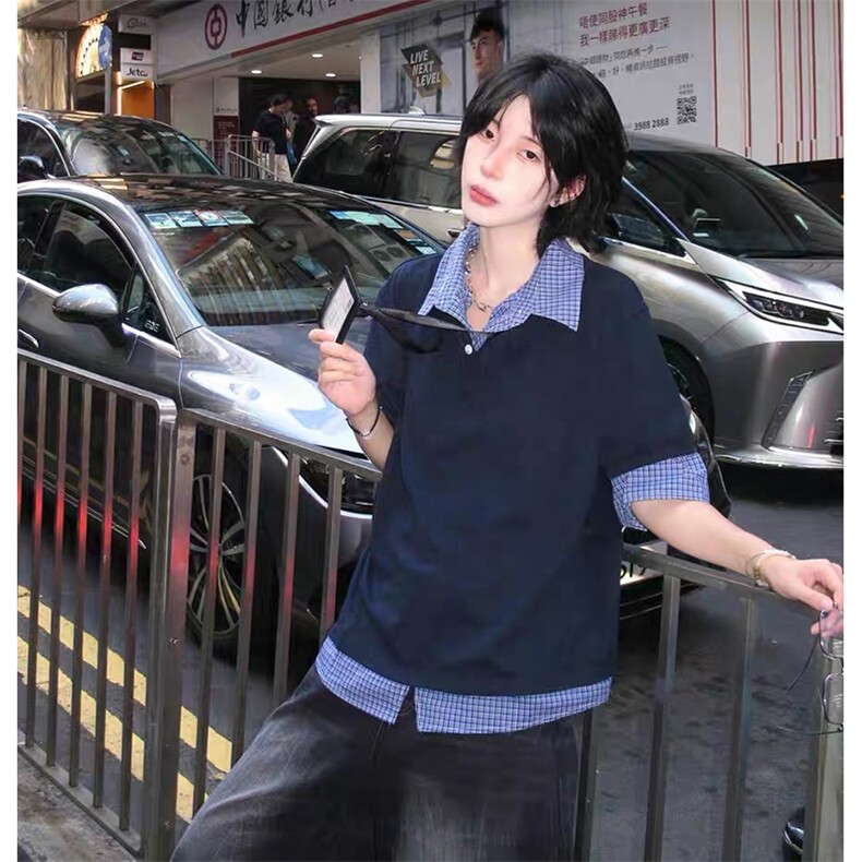 得物抖音高品质二开 夏季美式潮牌高街假两件格子衬衣翻领短袖T恤图片