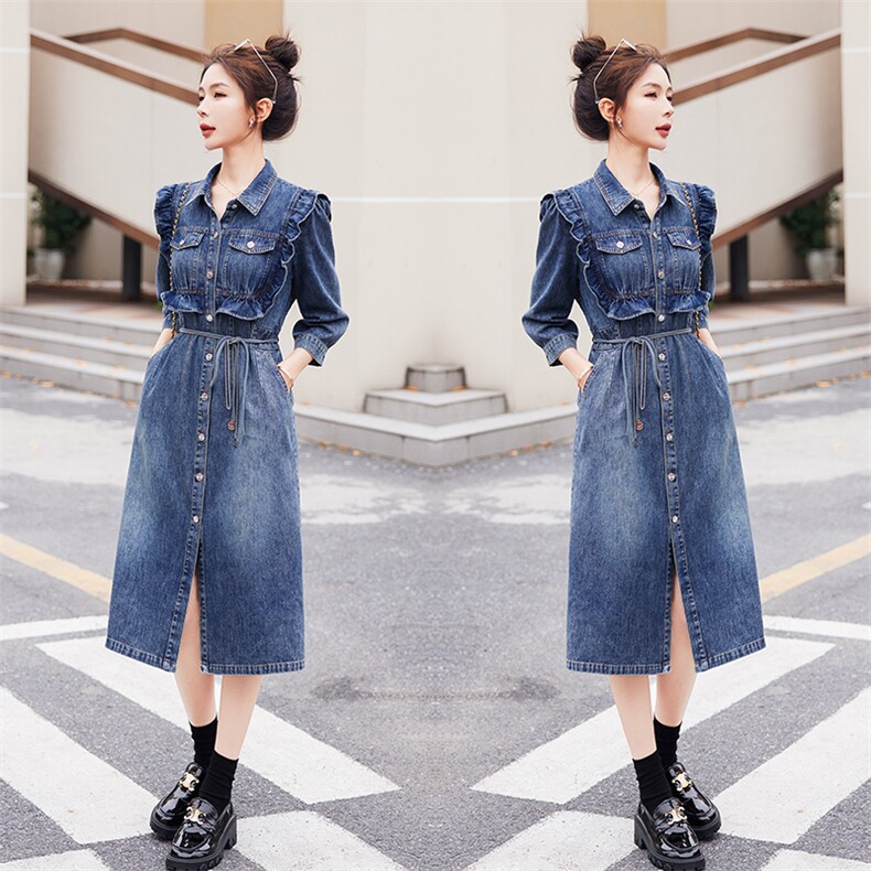 时尚显瘦牛仔连衣裙女长袖修身气质百搭裙子,女装连衣裙,秋水欣儿