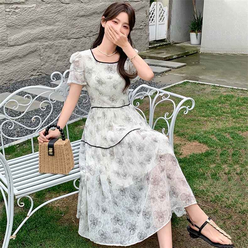 【Miss】蝴蝶结雪纺洋气印花连衣裙2026夏季商场专柜品牌女装,女装连衣裙,心心服饰