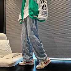棋盘格牛仔裤男阔腿拖地裤美式oversize裤子高街ins潮秋N8095-P45，男装牛仔裤，星座1008-1