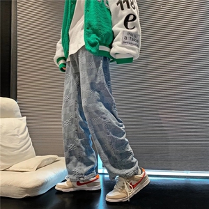 棋盘格牛仔裤男阔腿拖地裤美式oversize裤子高街ins潮秋N8095-P45图片