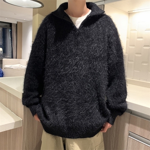 美式高街潮牌仿貂绒宽松高领拉链休闲百搭针织毛衣图片