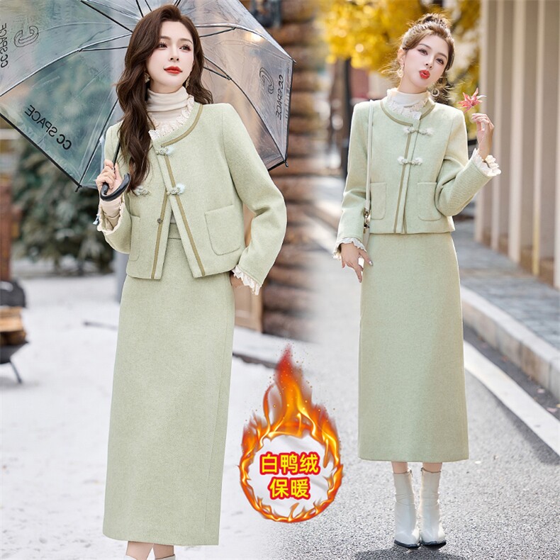 小香风套装2024冬新款高级感新中式轻奢减龄羽绒毛呢半身裙两件套，女装套装/套裙，丽美静依