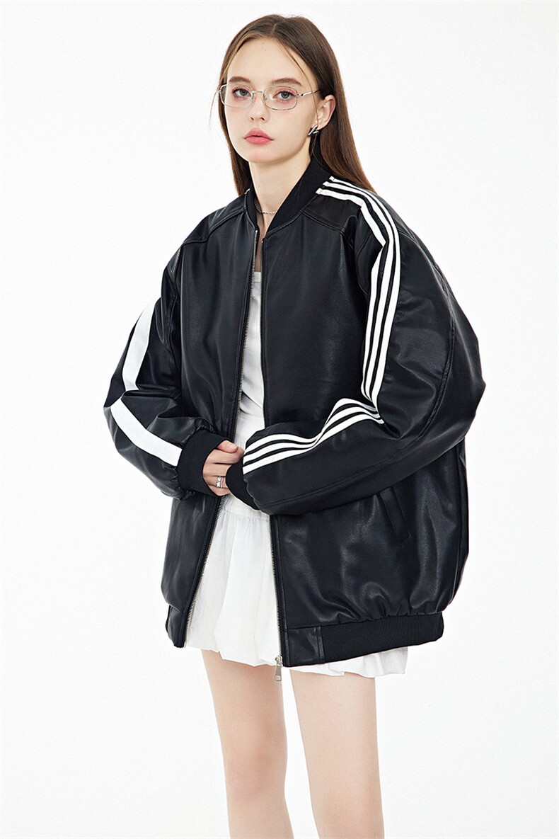 现货三条杠袖子PU皮棒球服外套秋冬棉服带帽可拆卸,男装棉衣,电商A105