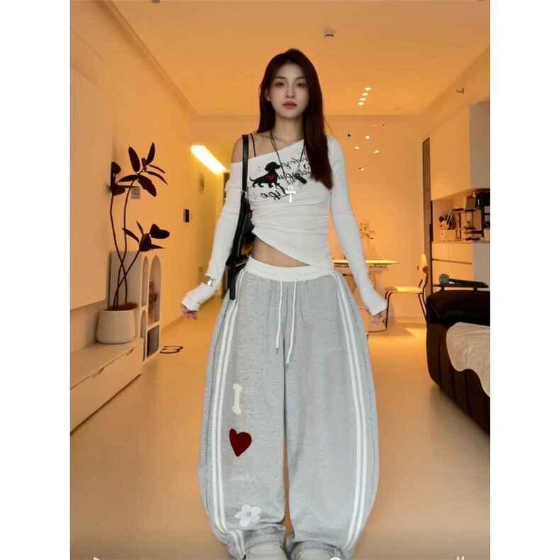 W10250-P53网图现货美式原创字母爱心运动裤街舞阔腿休闲长裤,女装休闲裤,星座1608