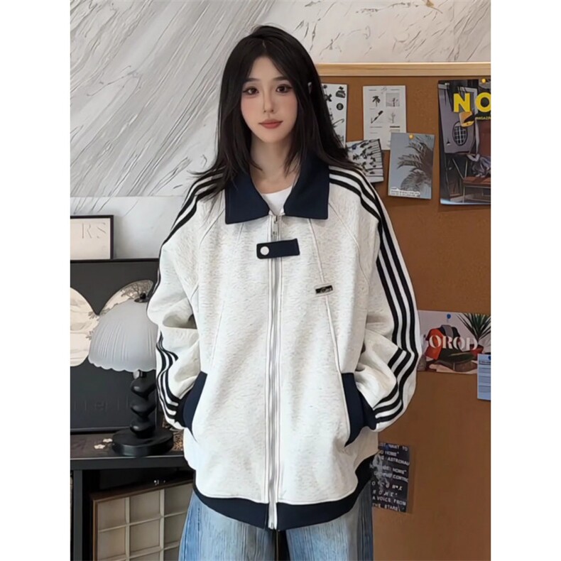 网图美式拼接三条杠卫衣男女款春秋季重磅潮牌百搭情侣条纹外套,女装短外套,四季星座505