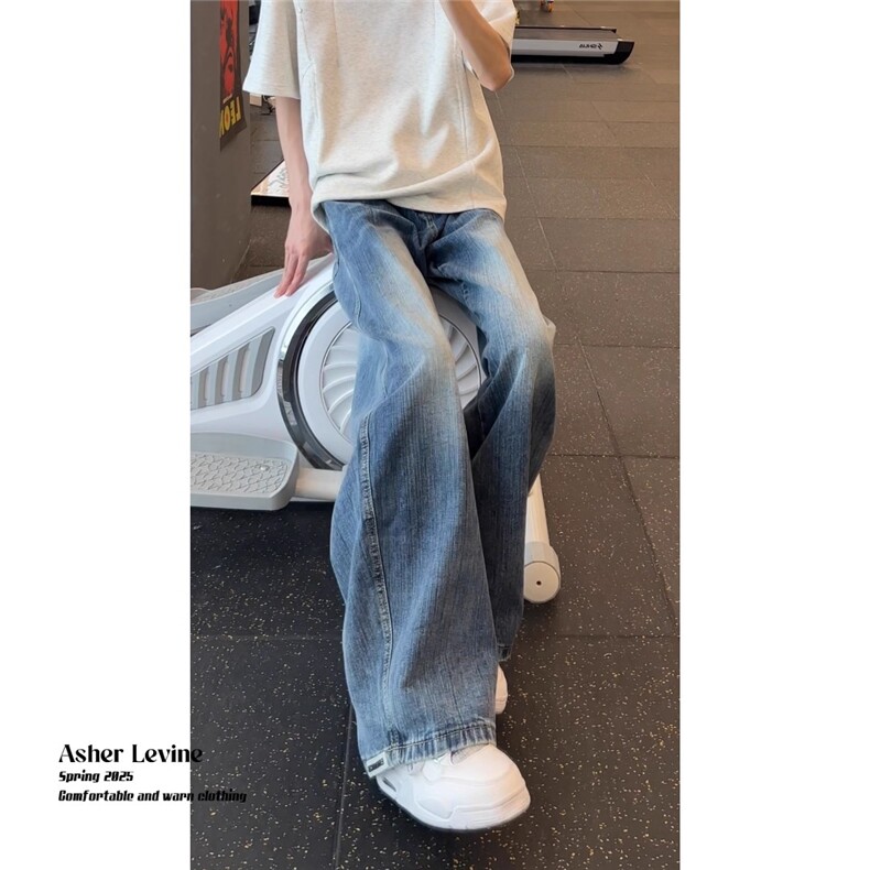 水洗做旧弯刀牛仔裤男款秋季美式高街趣味花卉刺绣裤子宽松阔腿裤,男装牛仔裤,四季星座505
