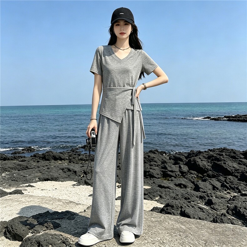 超好看韩版时尚套装女夏新款款蝴蝶结系带短袖上衣阔腿长裤两件套图片