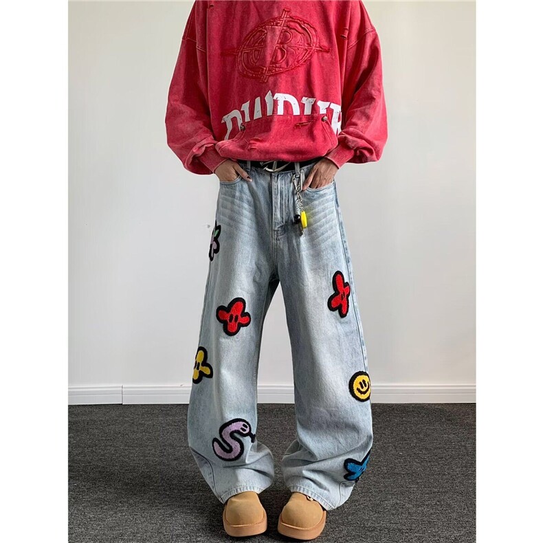 美式微喇牛仔裤彩色印花刺绣设计感春秋新款宽松直筒裤，男装休闲裤，星座1013