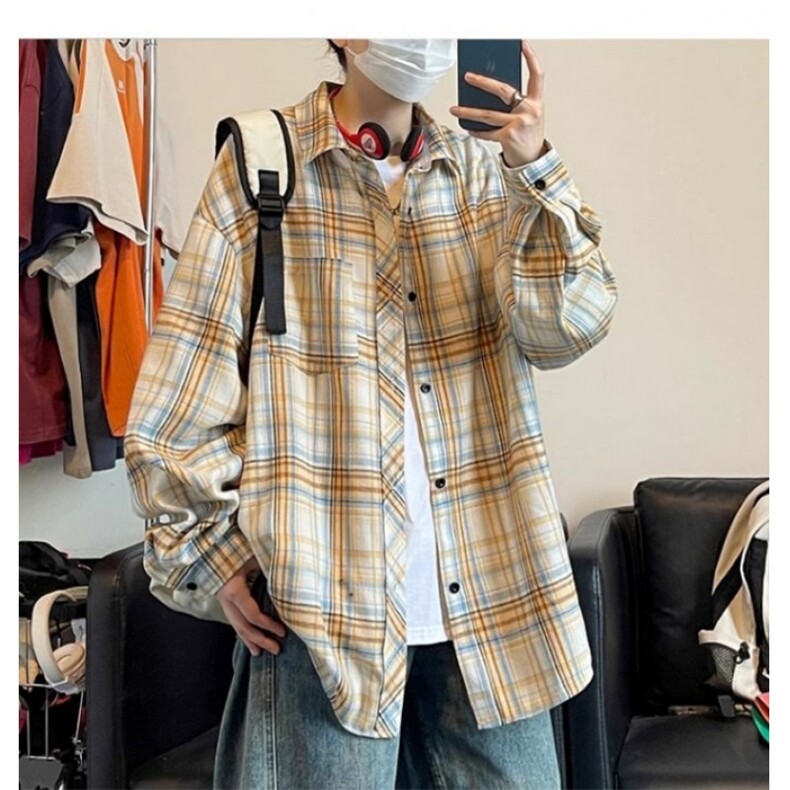 日式加绒加厚秋冬新款长袖格子衬衣保暖衬衫潮牌潮流宽松休闲外套,男装衬衫,星座506A