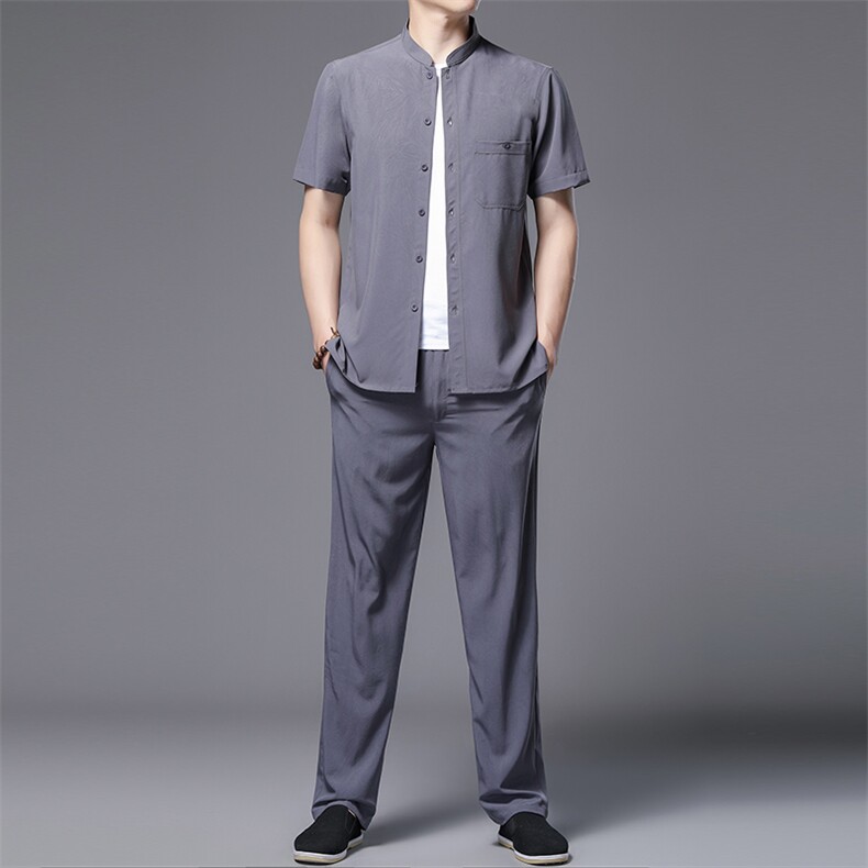 DW2179夏季男式薄款短袖风复古休闲套装中青年衬衫唐装P102，男装休闲套装，电商B360