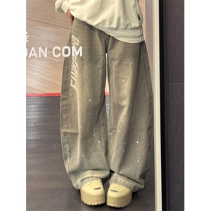 美式复古水洗泼墨弯刀牛仔裤男女秋季宽松休闲阔腿裤子LC5911-P55图片