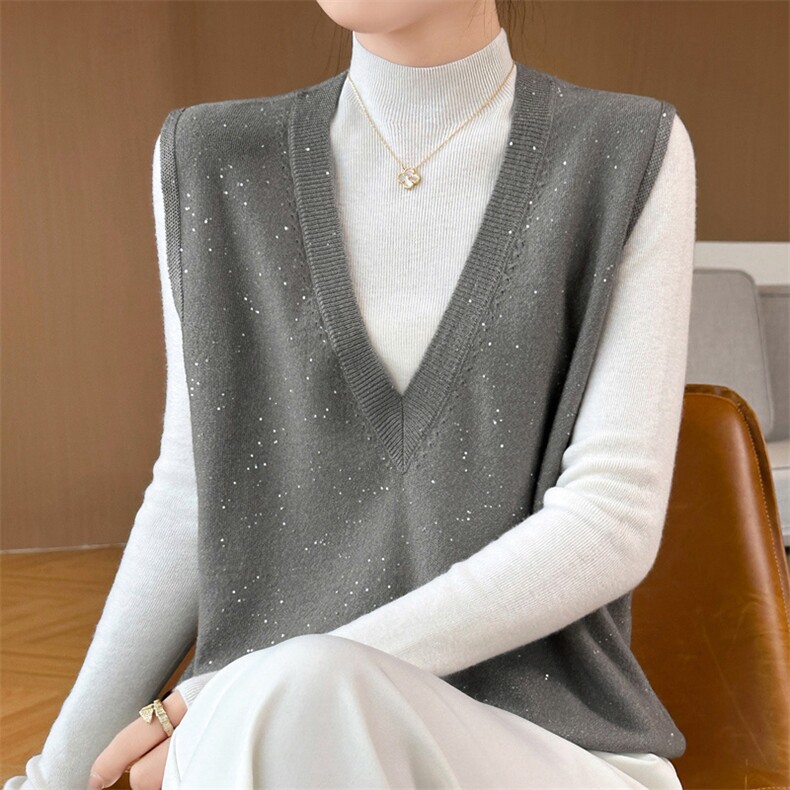 时尚百搭女士亮片羊毛马甲V领无袖针织背心外套春秋新款显瘦上衣，女装马甲，庆大羊绒