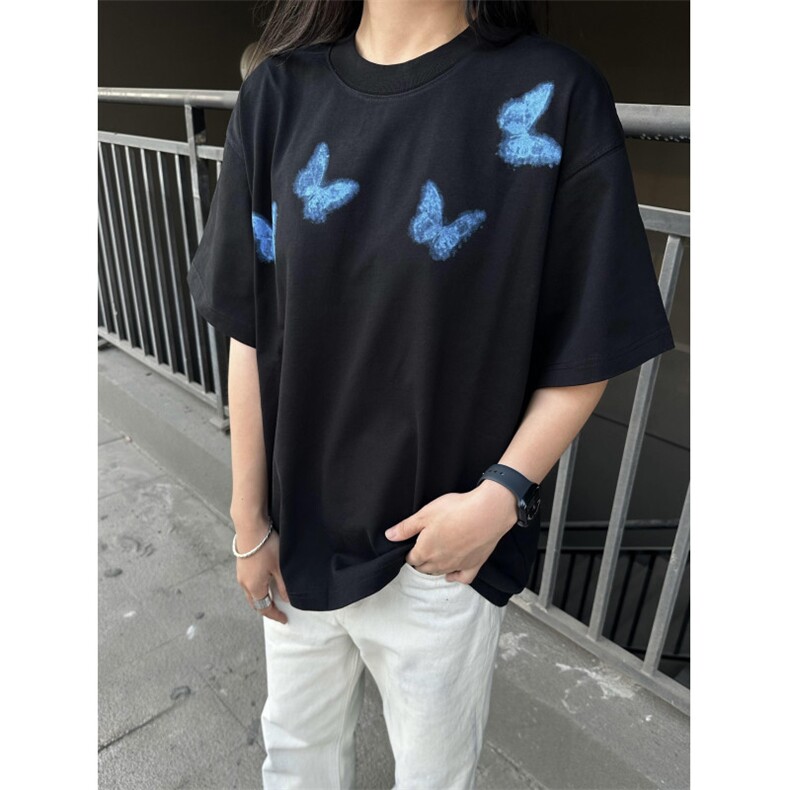网络图现货美式重磅纯棉潮流设计蝴蝶印花男女短袖T恤JDT396-P35,男装T恤,星座715-7