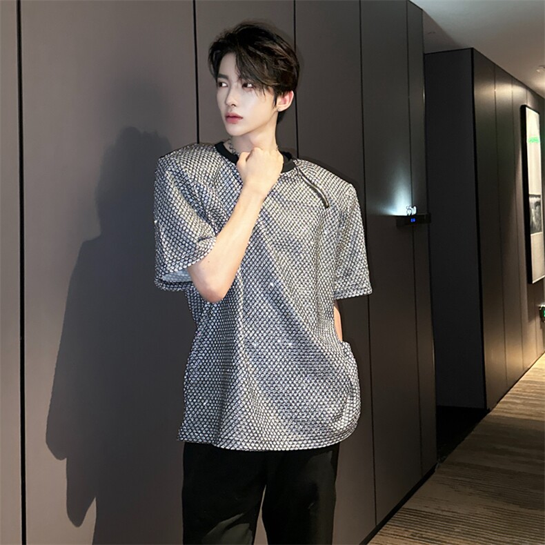（）小众高级感炸街短袖T男拉链上衣潮亮闪闪垫肩潮2237-P50,男装T恤,星座910-5