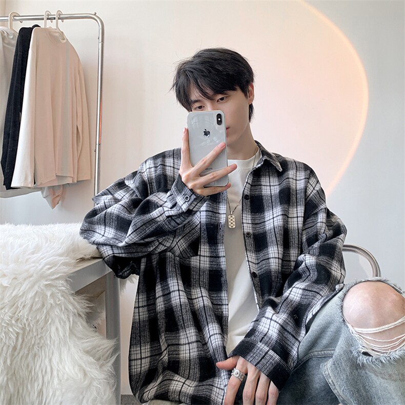 衬衫男春季新款港风宽松大码磨毛格子长袖衬衣CS6638-特P29，男装衬衫，星座214-3