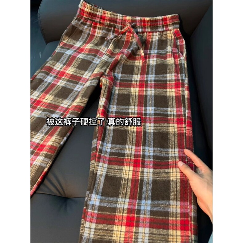 美式复古红色格纹毛呢裤子男款秋冬直筒裤宽松休闲裤WLCK133-P43,男装休闲裤,星座1008