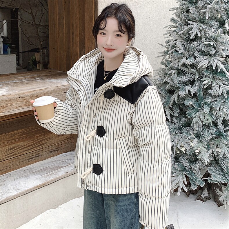【[现货】新款加厚牛角扣撞色条纹羽绒服90绒208-8061-P295K398,女装羽绒服,浙宝208