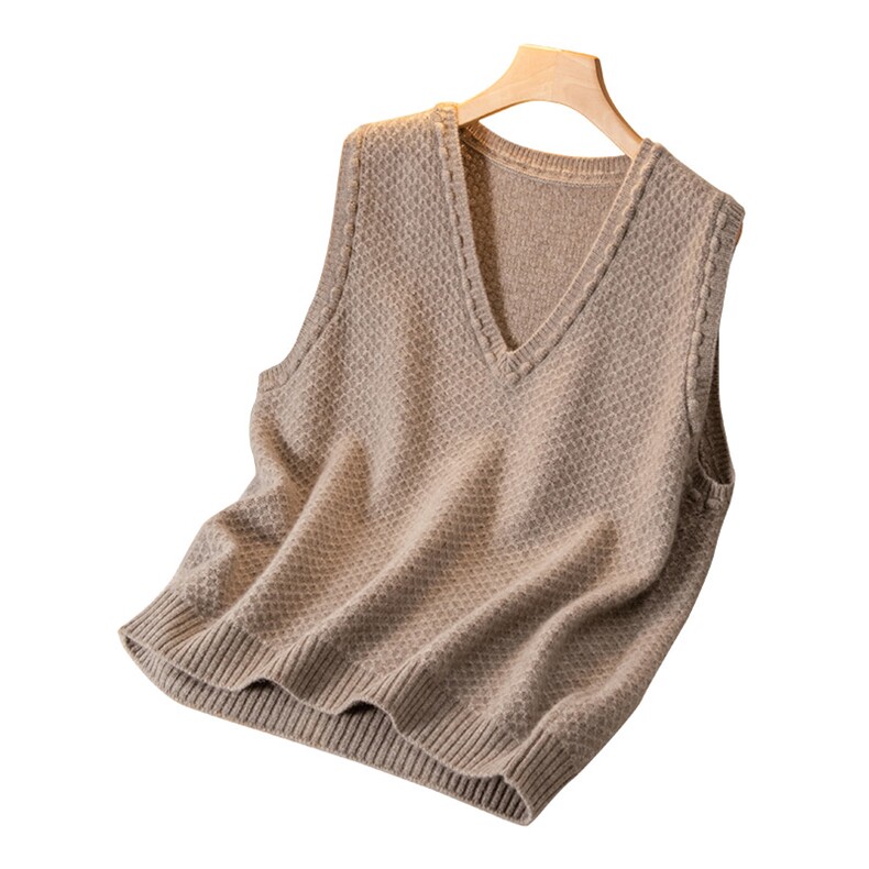 V领鼓包华夫格马甲秋冬休闲时尚35%羊绒，女装马甲，盛世绒华