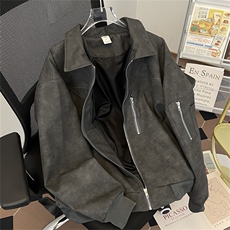 港风春款男夹克衫麝皮绒工装拉链口袋水洗皮休闲外套JK0923P80，男装夹克，星座1013-1