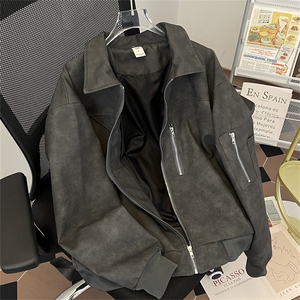 港风春款男夹克衫麝皮绒工装拉链口袋水洗皮休闲外套JK0923 P80图片