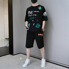 新款夏季潮流时尚T恤男装青少年宽松休闲吸汗透气套装F310P58，男装休闲套装，电商A086