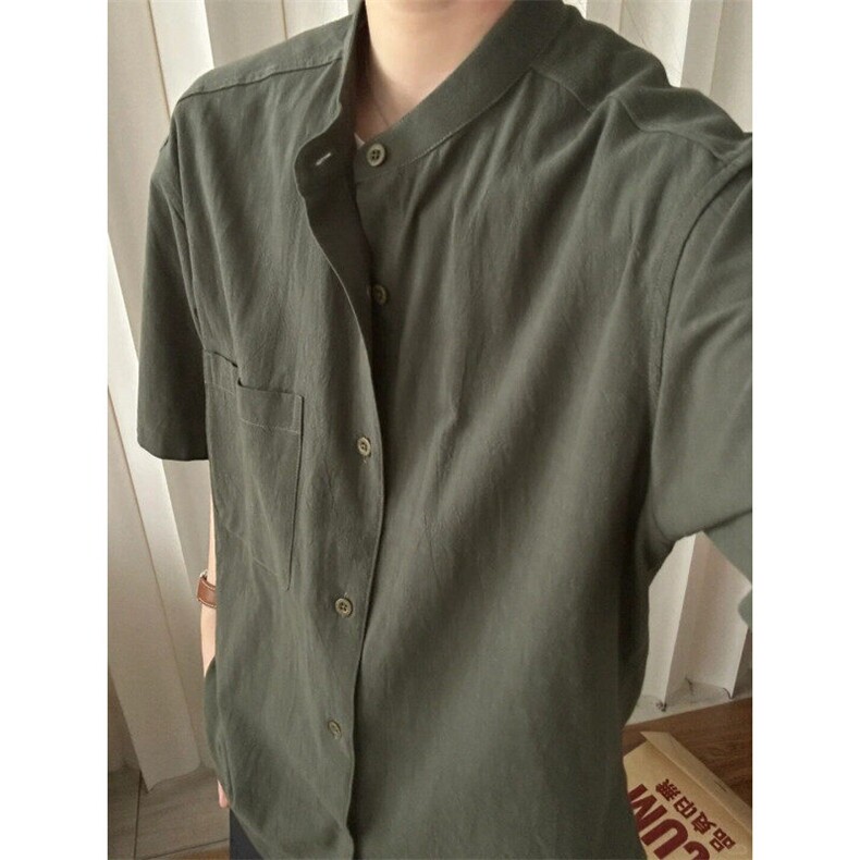 军绿色亚麻工装衬衫男款夏季薄款新中式棉麻衬衣美式复古半袖外套,男装衬衫,星座1302