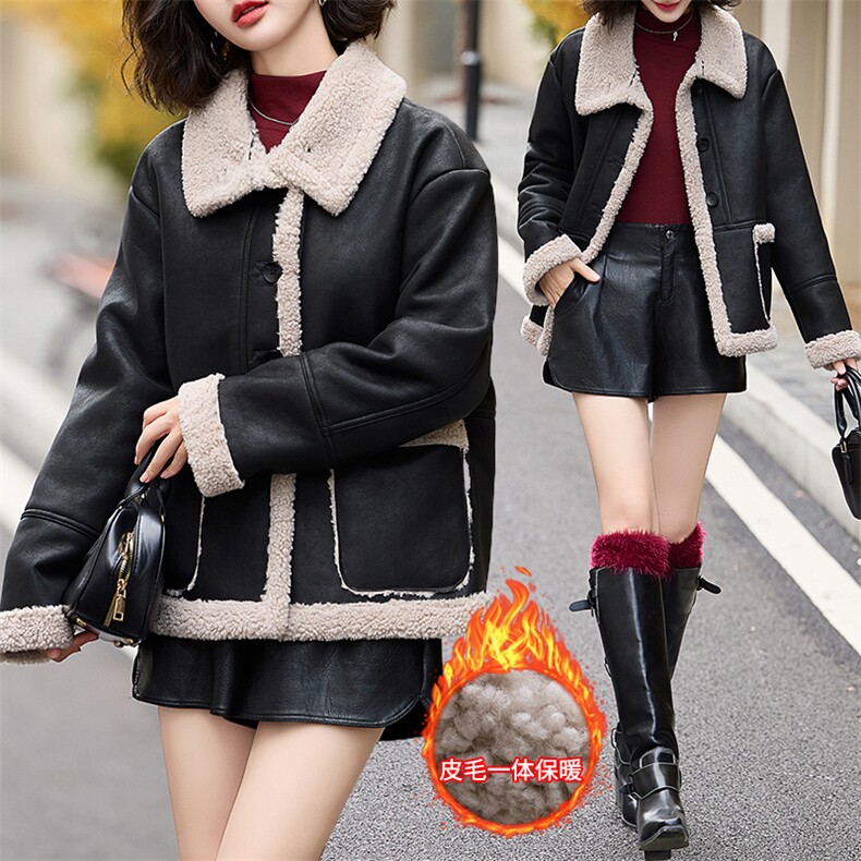 皮毛一体仿羊羔毛外套女短款2024新款秋冬季加绒机车服加厚皮夹克，女装羊羔毛/颗粒绒，潮流依族