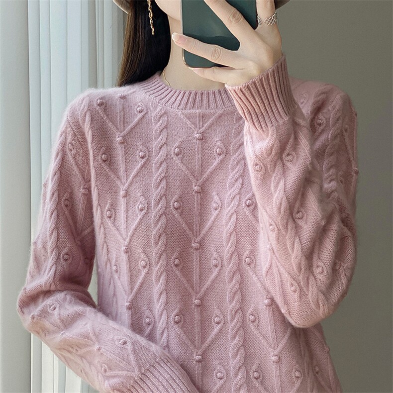 复古麻花100%纯羊毛衫女加厚圆领毛衣2025新款宽松针织衫上衣,女装羊毛衫,吉高羊绒