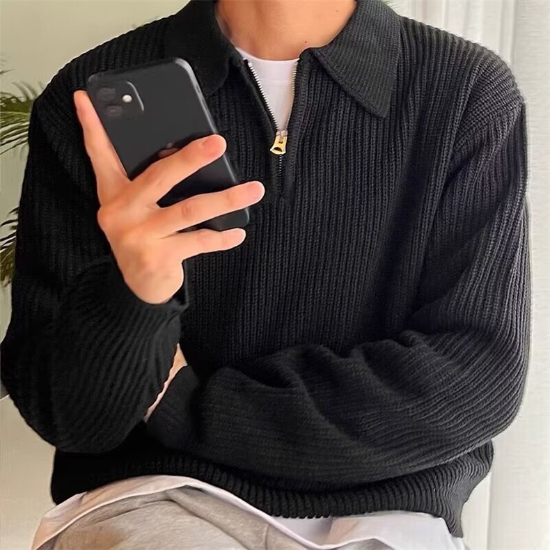 M27-P47 翻领毛衣男士修身套头针织衫男休闲拉链上衣英伦商务外套图片