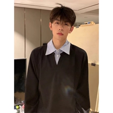 学院风假两件衬衫领卫衣男春秋季美式高街宽松设计感百搭休闲上衣，男装T恤，星座1116A（原606A-3）