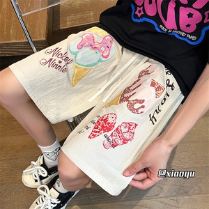 XZ616 夏季趣味冰淇淋印花抽绳短裤休闲五分裤TY2481 P35控48图片