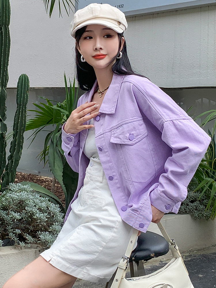 紫色牛仔外套女小个子2024春季韩版新款百搭宽松短款长袖上衣潮,女装短外套,MQ