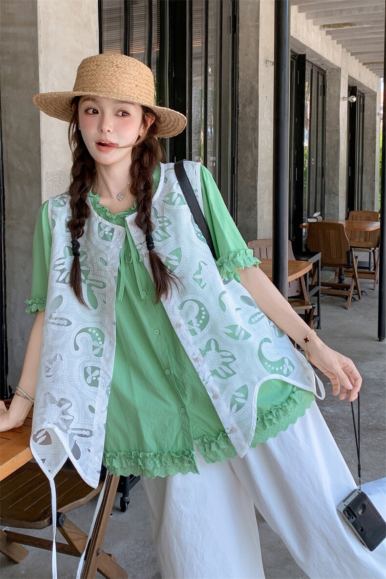 温柔风不规则蕾丝罩衫木耳边衬衣套装女夏季2025新款阔腿裤三件套,女装套装/套裙,含赞