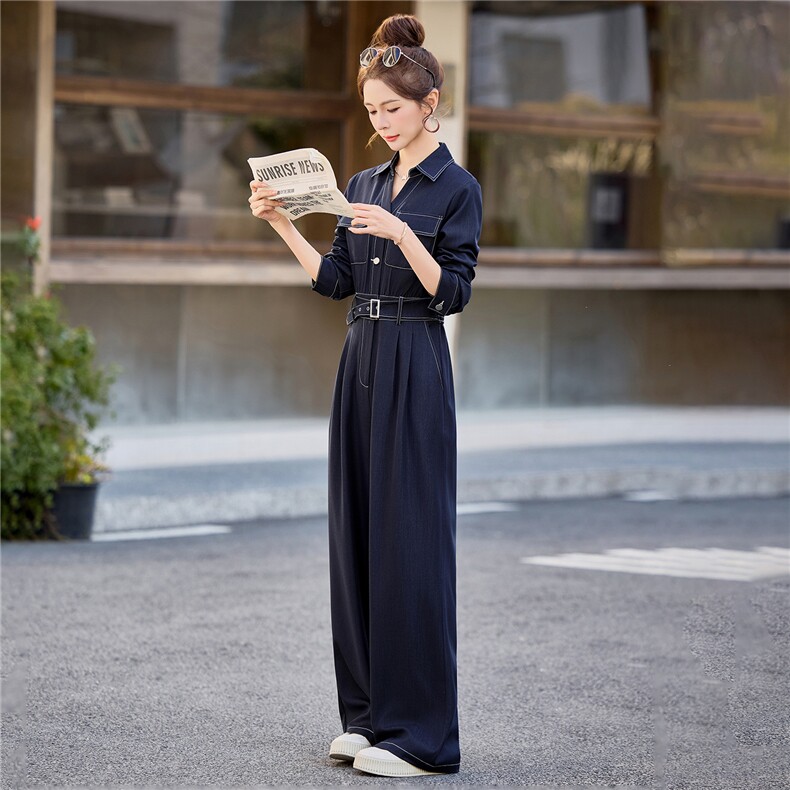 （新款现货）2026春装时尚高级显瘦天丝牛仔V领腰带阔腿连体裤,女装连体裤,印象茜