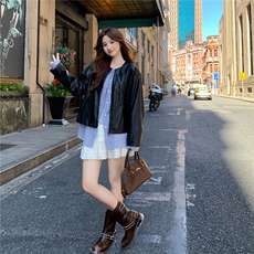 小众甜酷风假两件皮衣女秋2025新款小个子休闲显瘦PU皮短外套，女装皮衣，2D043