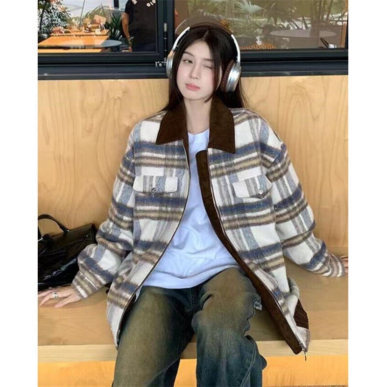 文艺日系气质时尚潮流秋冬复古格子毛呢外套女原宿新款J221,男装夹克,星座1116A（原606A-3）