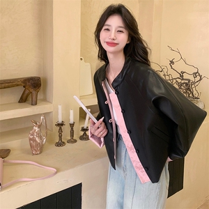 黑色新中式风小皮衣外套女2025春秋新款小个子宽松休闲PU皮夹克图片