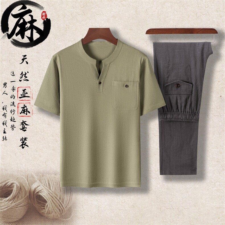 长年现货夏男中老年风亚麻套装中年短袖T恤套装棉麻长裤，男装中老年男装，钱塘723
