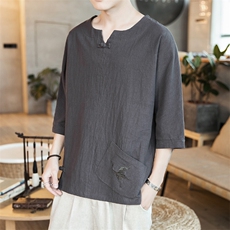 587P45咖啡厅2024春夏装新款风仙鹤绣花棉麻七分袖T恤，男装T恤，电商A026