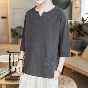 587 P45 咖啡厅2024春夏装新款风仙鹤绣花棉麻七分袖T恤图片