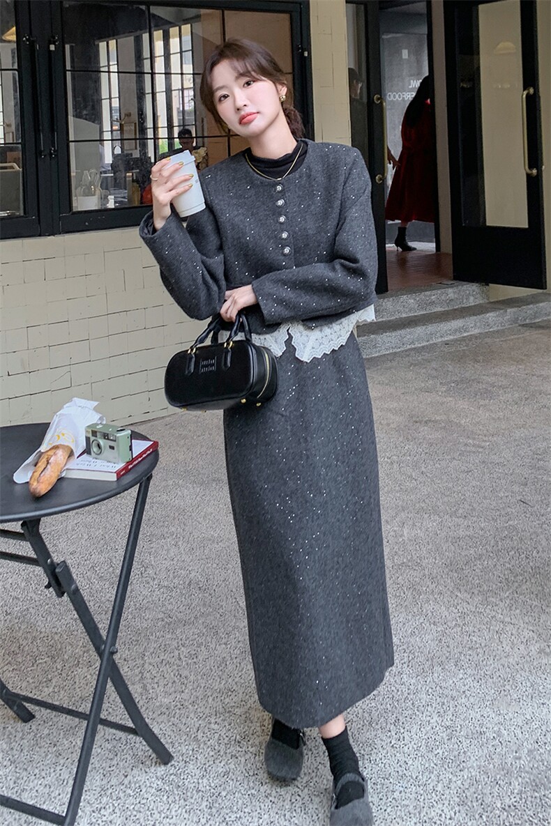 法式小香风毛呢套装裙女2025春秋新款名媛气质高级感半身裙两件套,女装套装/套裙,2C317