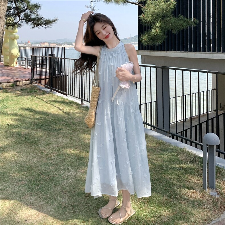 法式吸汗拼接印花长裙圆领连衣裙宽松方领气质收腰显瘦夏季初恋,女装连衣裙,2C258